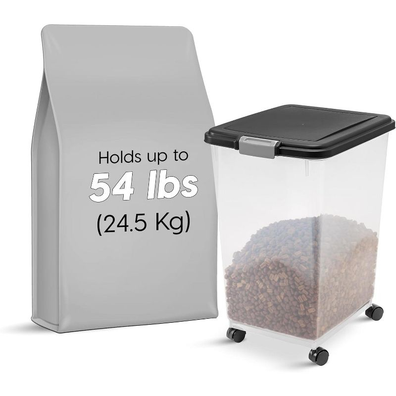 IRIS USA 54 Lbs / 69 Qt WeatherPro Airtight Pet Food Storage Container with Attachable Casters, For Dog Cat Bird and Other Pet Food Storage Bin, Black