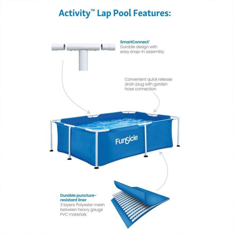 Funsicle 7 Foot 4 Person Capacity Durable Rectangular Above Ground Activity Lap Pool with SmartConnect Technology for Ages 6 and Up, Blue