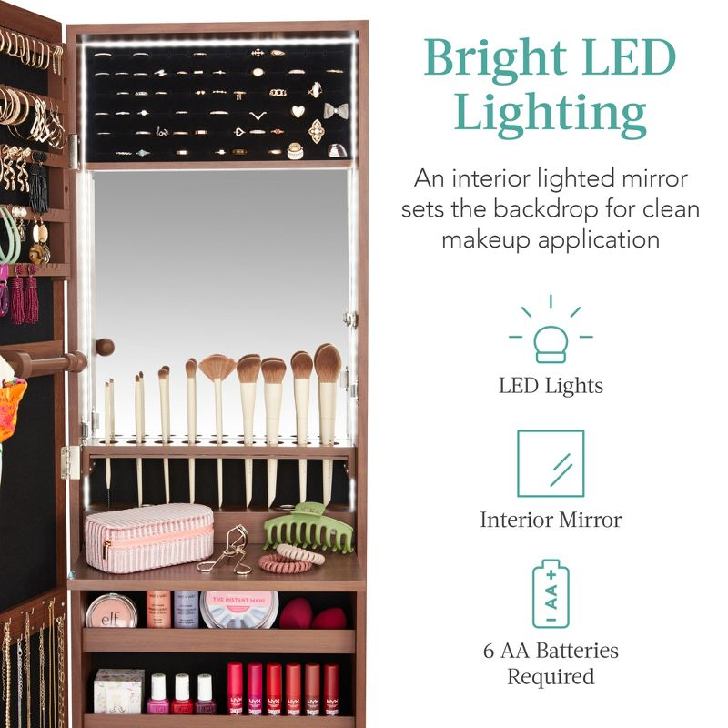 Best Choice Products Hanging Mirror Jewelry Armoire, Door or Wall Mounted Cabinet w/ LED Lights, Lock - Walnut