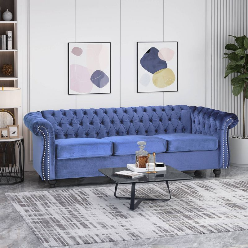 Parksley Tufted Chesterfield Velvet Sofa Dark Blue - Christopher Knight Home