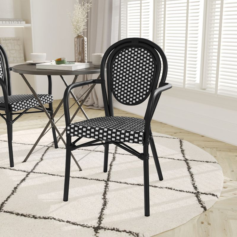 Emma & Oliver Soie Set of 2 Indoor/Outdoor Stacking Thonet Bistro Style Chairs w/ Arms, Navy & White PE Rattan Seat & Nat Bamboo Finished Metal Frame