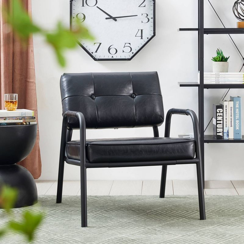 Mid-Century Modern Leatherette Arm Accent Chair Frosted Black Metal Frame Black - Glitzhome