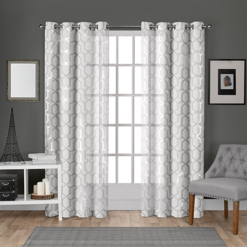 Set of 2 108"x54" Panza Sheer Linen Printed Metallic Geometric Grommet Top Window Curtain Panel White Silver Print - Exclusive Home