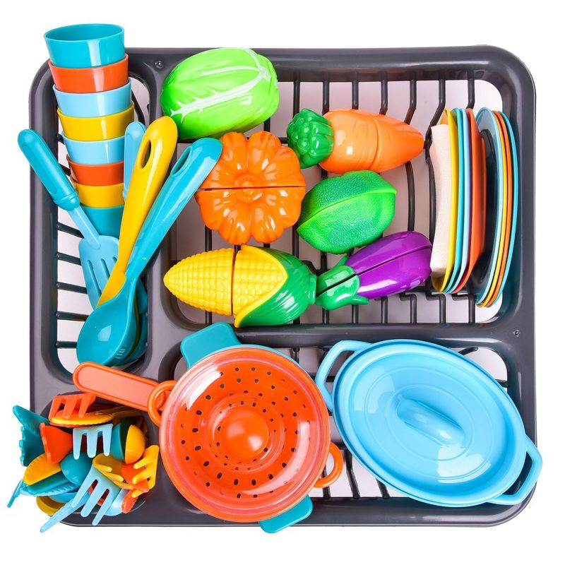 Fun Little Toys 54Pcs Play Dishes Set for Kids Kitchen, Pretend Play Pots, Pans & Food Toys, Toddler Cooking Set