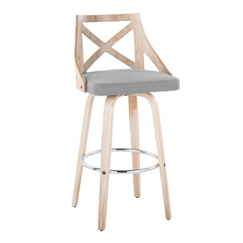 LumiSource Set of 2 Charlotte Barstools White Wash/Light Gray: Upholstered Swivel Counter Height Stools