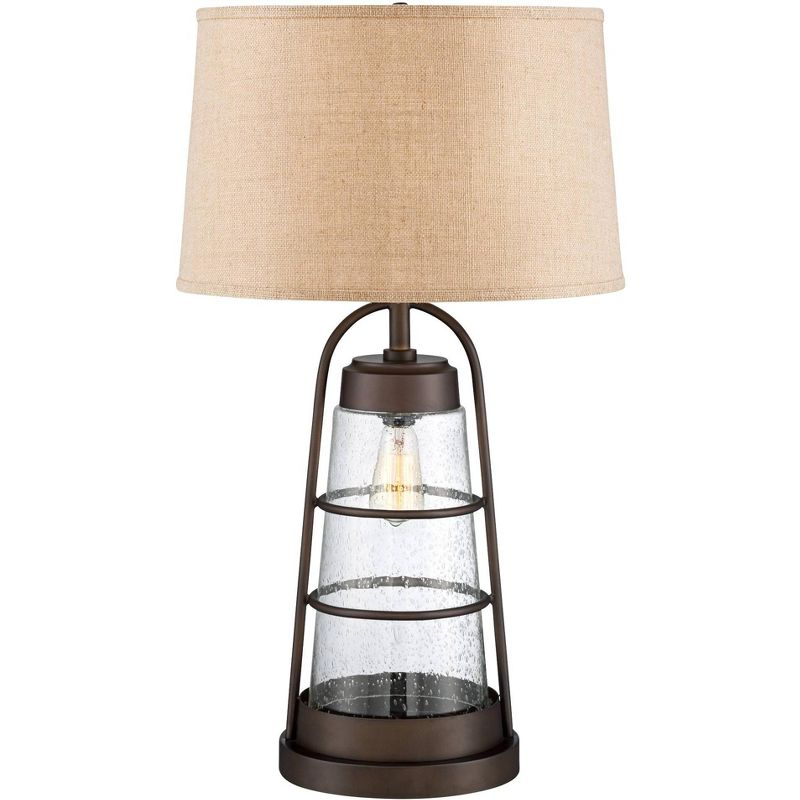 Franklin Iron Works Rustic Farmhouse Table Lamp 31" Tall with Nightlight Bronze Clear Seeded Glass Burlap Shade for Bedroom Living Room House Bedside