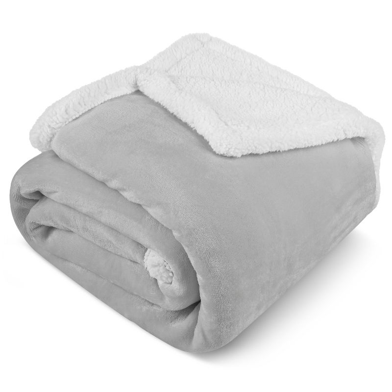PAVILIA Premium Faux Shearling Fleece Throw Blanket for Bed, Reversible Warm Blanket for Couch Sofa, Light Gray/Throw - 50x60