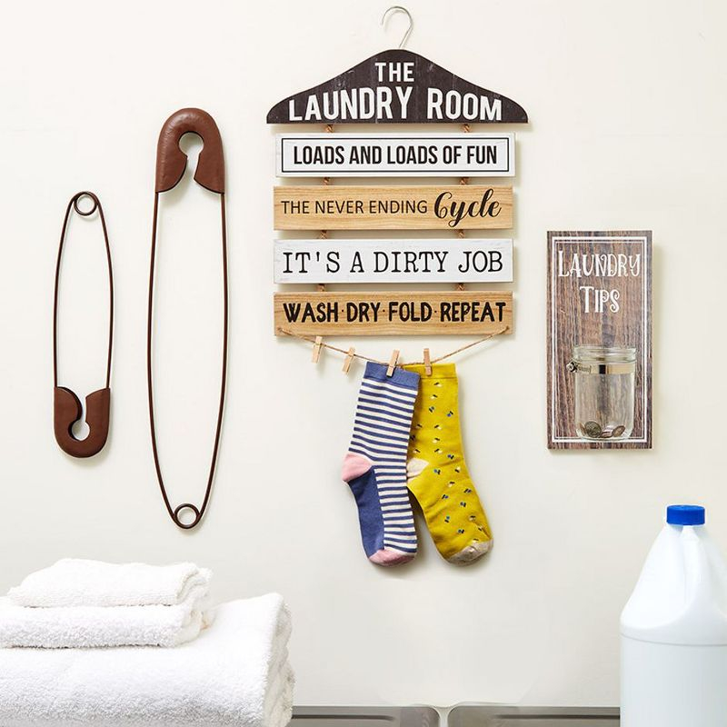 The Lakeside Collection Laundry Room Decor with Rustic Safety Pins Tip Jar and Humorous Sign - Safety Pin Wall Decor Set