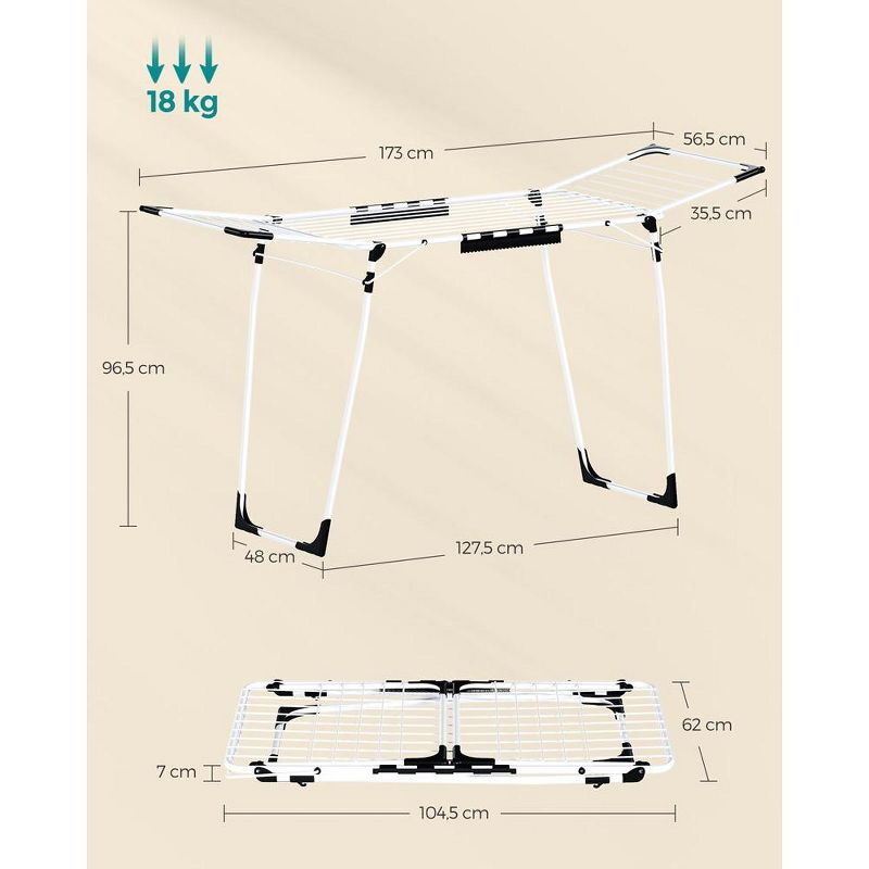 SONGMICS Clothes Drying Rack Foldable Gullwing Laundry Drying Rack, Space-Saving, 22.2 x 68.1 x 38 Inches Sock Clips Metal Structurefor Clothes White