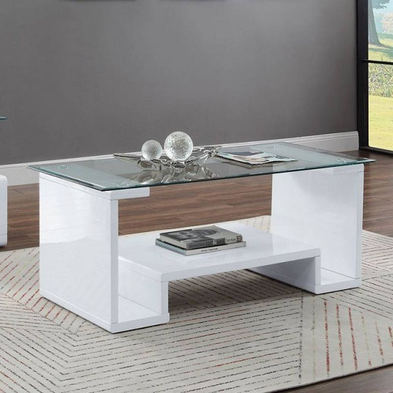 47" Nevaeh High Gloss Finish Coffee Table Clear Glass/White - Acme Furniture: Modern Style, Loop Leg Design, Under Lid Storage