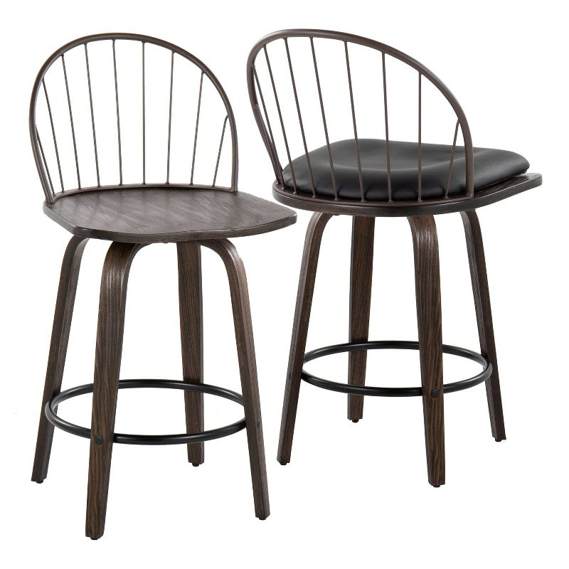 Set of 2 Riley Counter Height Barstools Walnut/Brown: Farmhouse Style, Swivel, Faux Leather - LumiSource