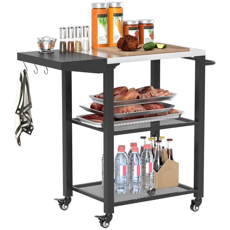 Outsunny 3-Shelf Outdoor Grill Cart Table with Foldable Side Table, Stainless Steel Tabletop, 22" x 16.1" Pizza Oven Stand with Hooks, Silver