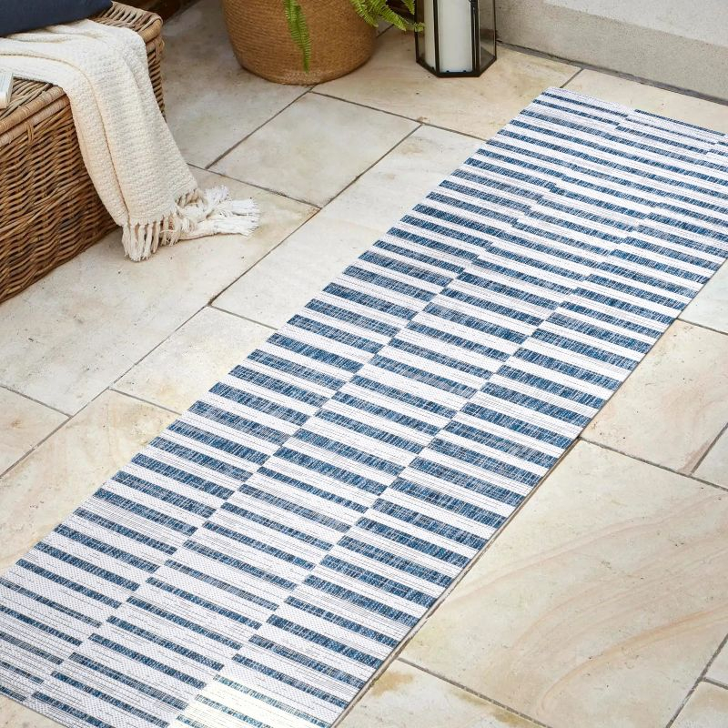 2'x8' Sukie Modern Offset Stripe Indoor/Outdoor Runner Rug, Ivory/Blue - JONATHAN Y