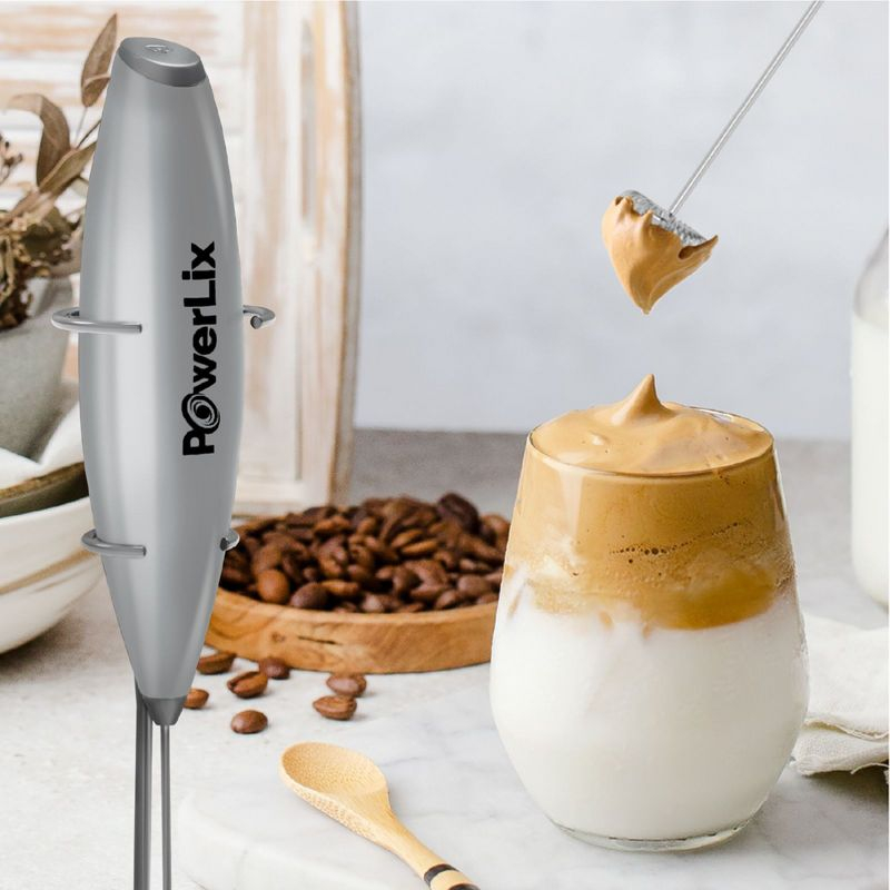 PowerLix Milk Frother Handheld Battery Operated Electric Whisk Foam Maker For Coffee With Stainless Steel Stand Included  - Titanium Silver