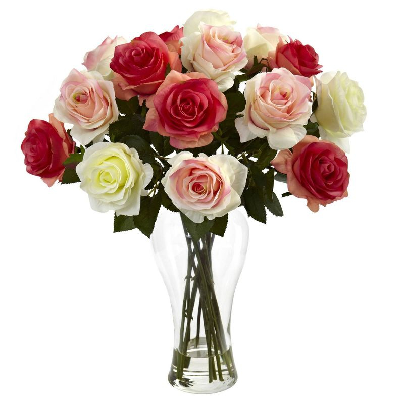 Nearly Natural Assorted Blooming Roses with Vase, Assorted Pastels