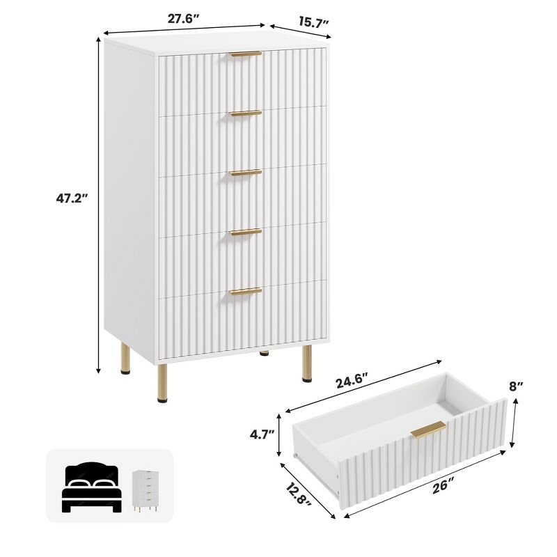 Garvee Fluted 5 Drawer Dresser for Bedroom, 48" Tall Modern Chest of Drawers, Wooden Dresser Organizer for Living Room, Hallway, Kids Room, White