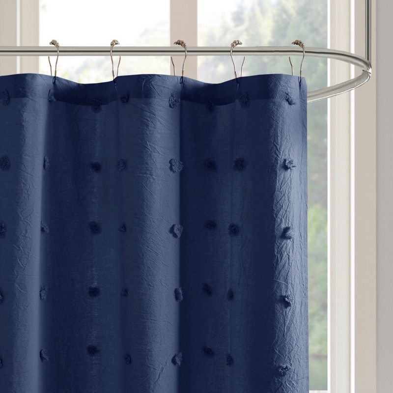 Urban Habitat Kay Cotton Pom-Pom Shower Curtain Indigo: Bohemian Style, 100% Cotton, Buttonhole Top