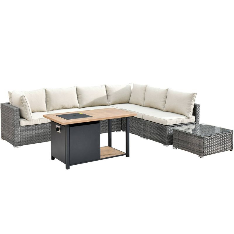 Ovios Venice 8pc Wicker Outdoor Patio Furniture Set Conversation Sofa with a Storage Fire Pit and Navy Blue Cushions