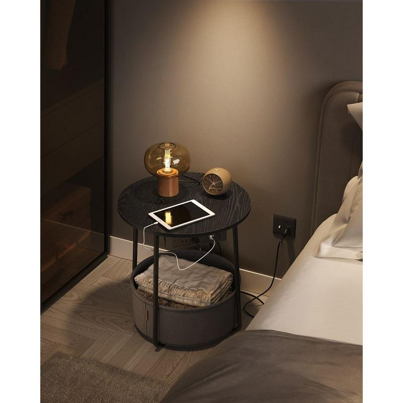VASAGLE Side Table with Charging Station, Round End Table With Fabric Basket, Nightstand with Power Outlets USB Ports Ebony Black and Slate Gray