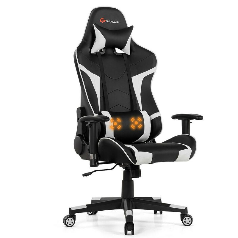 Costway Massage Gaming Chair Racing Computer Swivel Chair with Headrest & Lumbar Support White