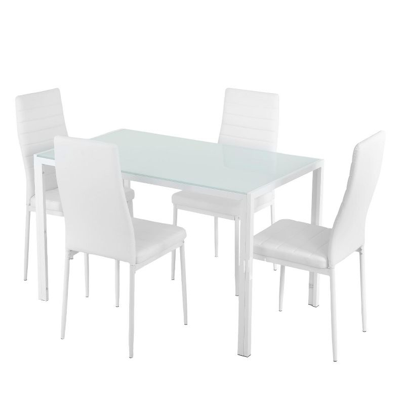FDW Dining Table Set 5 Piece Dining Room Table Set with 4 Leather Chairs (White Glass)