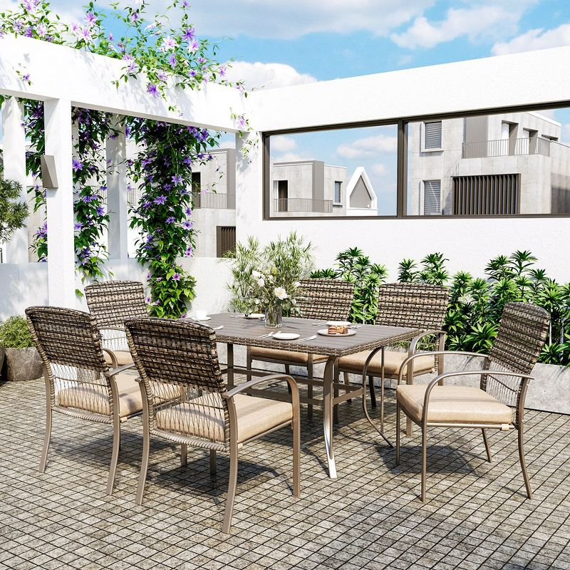 Pamapic 7-Piece PE Wicker Outdoor Dining Set with Brown Cushions