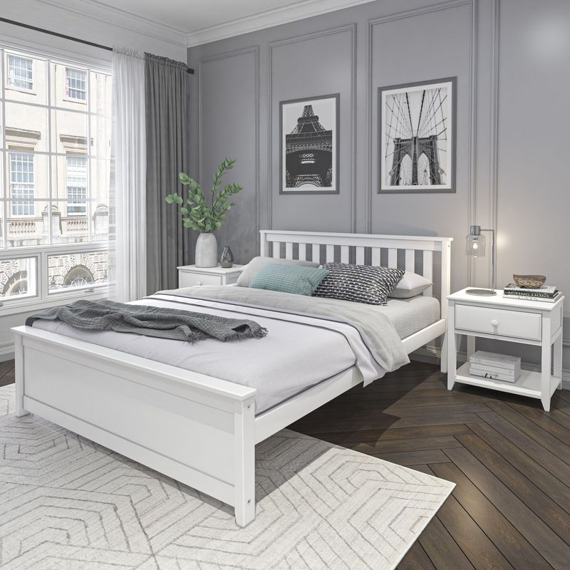 Plank+Beam Queen Bed Frame with Slatted Headboard Solid Wood Platform Bed, No box Spring Needed, White