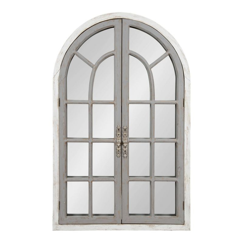 28" x 44" Boldmere Wood Windowpane Arch Mirror White/Gray - Kate and Laurel