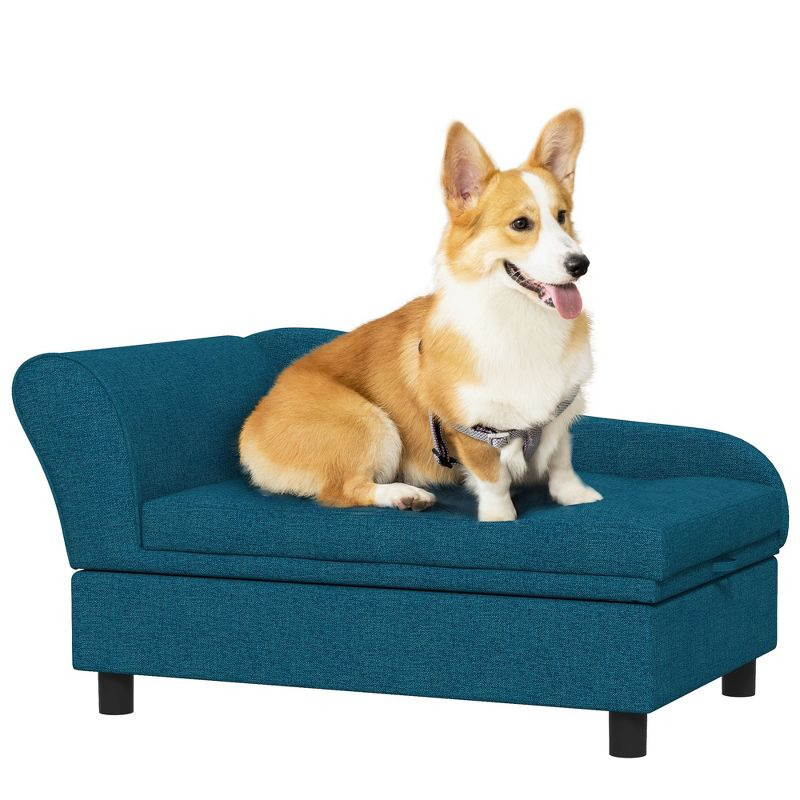PawHut Pet Sofa, Dog Sofa, Elevated Pet Bed for Small Dogs, with Hidden Storage, Soft Tufted Cushion, Dark Blue