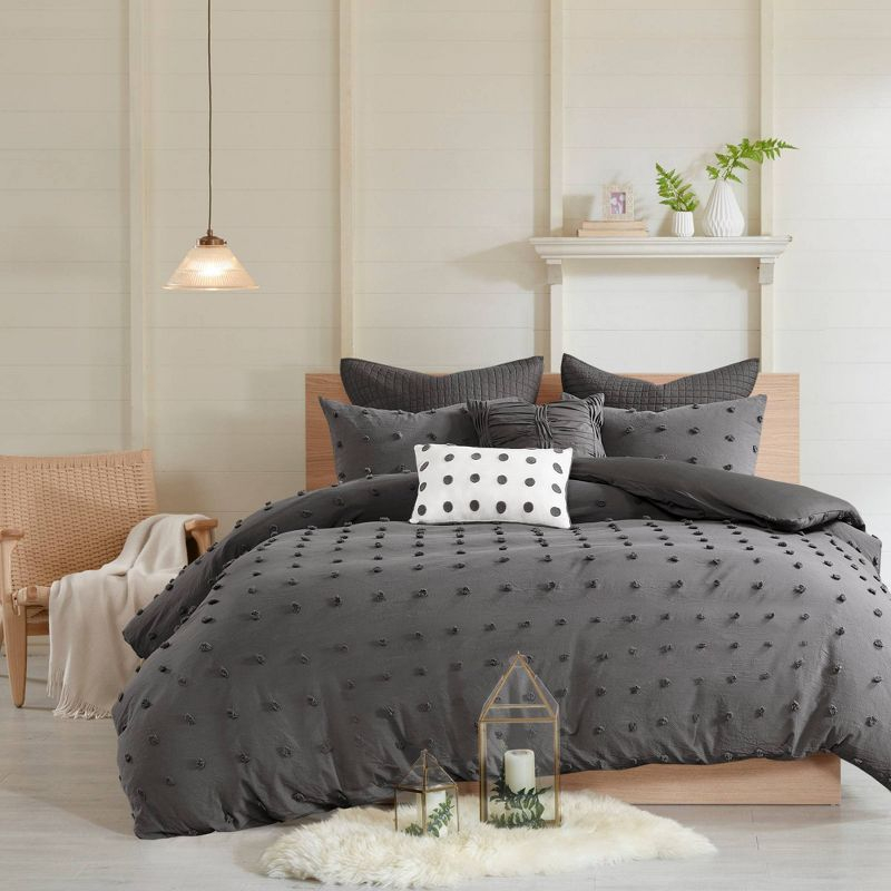 5pc Twin/Twin Extra Long Urban Habitat Kay Cotton Jacquard Duvet Cover Set Charcoal: Includes Shams & Decorative Pillows