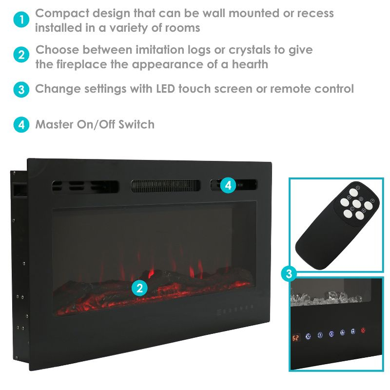 Sunnydaze 40-in Modern Flame Wall-Mounted or Recessed Indoor Electric Fireplace with LED Lights - Black Finish