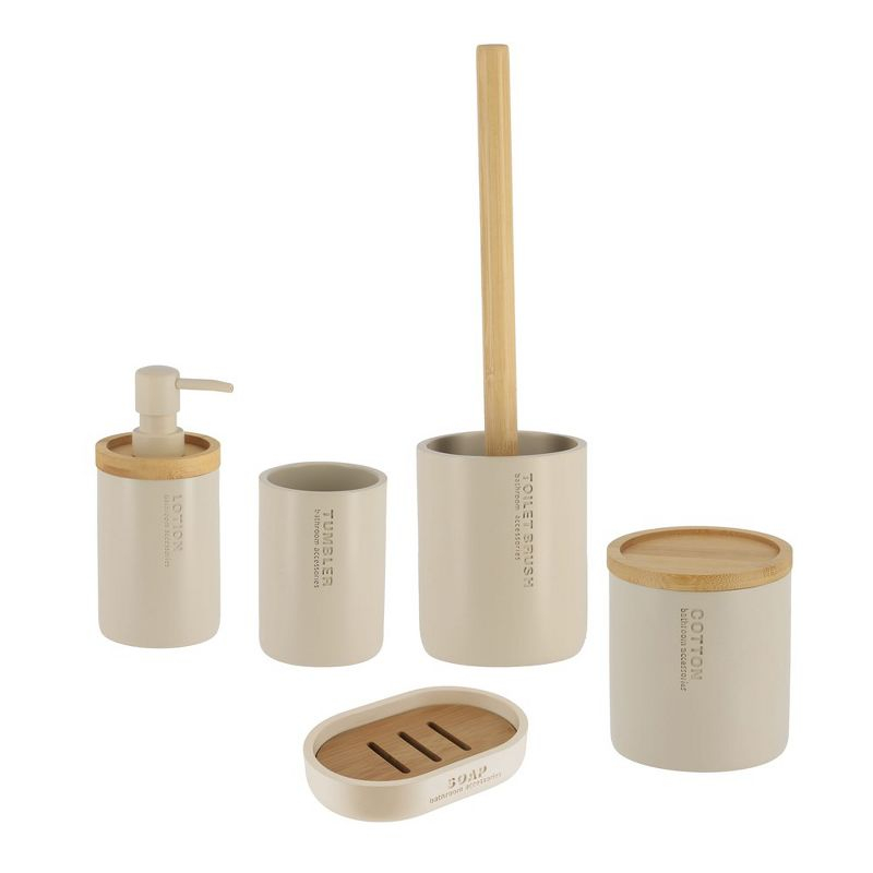 Evideco French Home Goods Chic Beige Bathroom Essentials Set with Natural Bamboo - 5 pieces