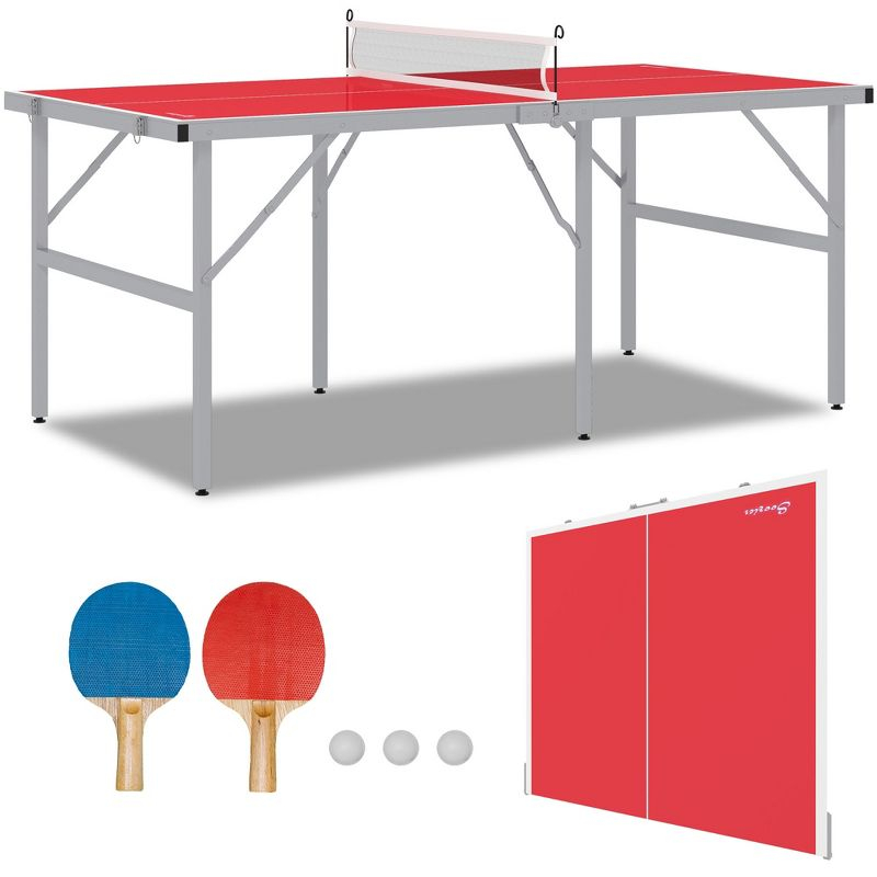 Soozier Mini Ping Pong Table Set for Outdoor and Indoor, Foldable Table Tennis Table with Net, 2 Paddles, 3 Balls, Easy Assembly, Red