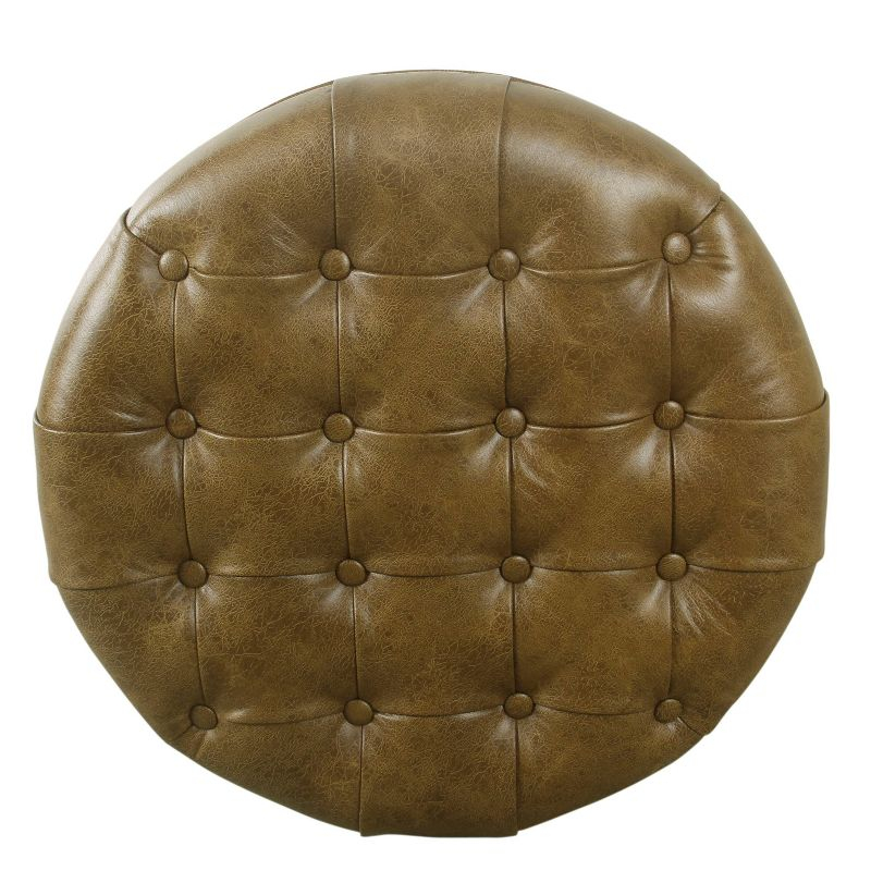 Large Tufted Round Storage Ottoman Faux Leather Distressed Brown - HomePop