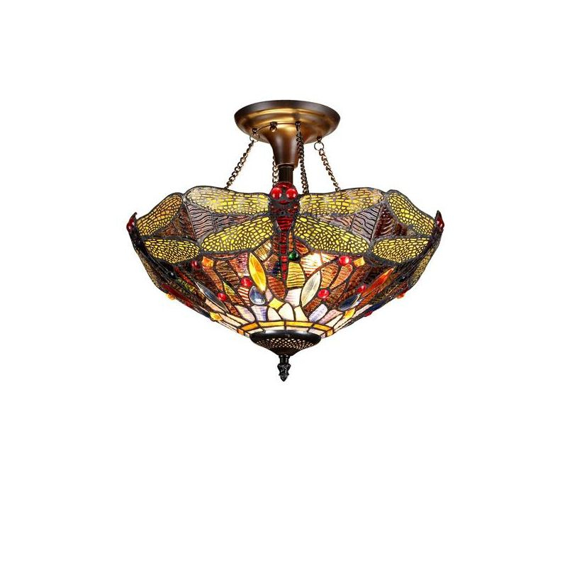 Chloe Lighting Dragan Tiffany-Style 2 Light Dragonfly Semi-Flush Ceiling Fixture 16" Shade