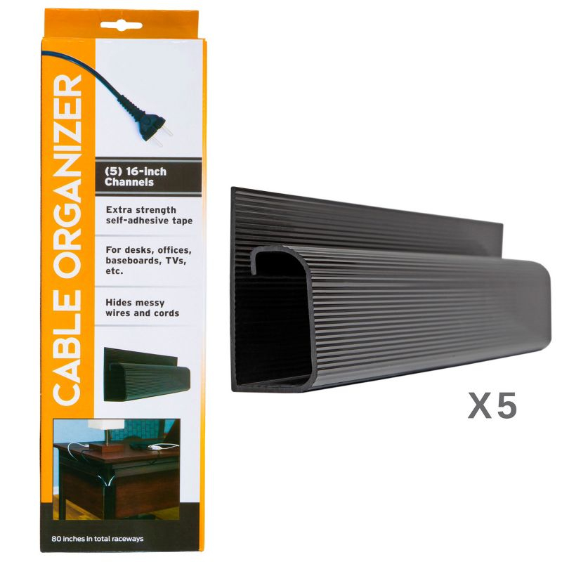 J Channel Cable Management - 5-Pack 16-Inch Raceway Channels - Cord Hider Kit for Desk, Office, and Kitchen Use by Simple Cord (Black)