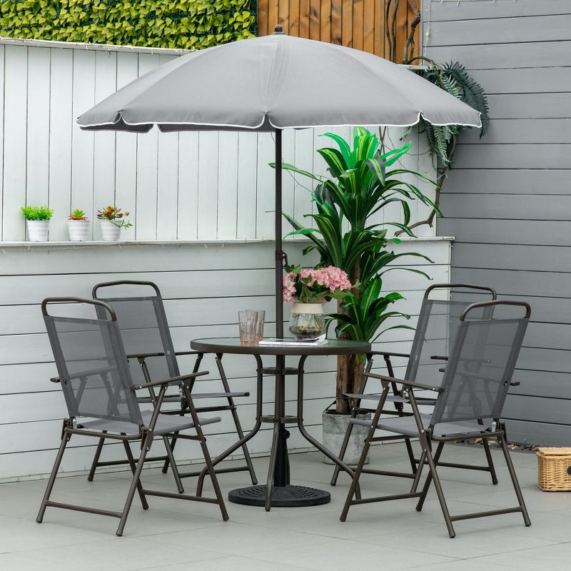 Outsunny 6 Piece Patio Dining Set for 4 with Umbrella, 4 Folding Dining Chairs & Round Glass Table for Garden, Backyard, and Poolside, Gray