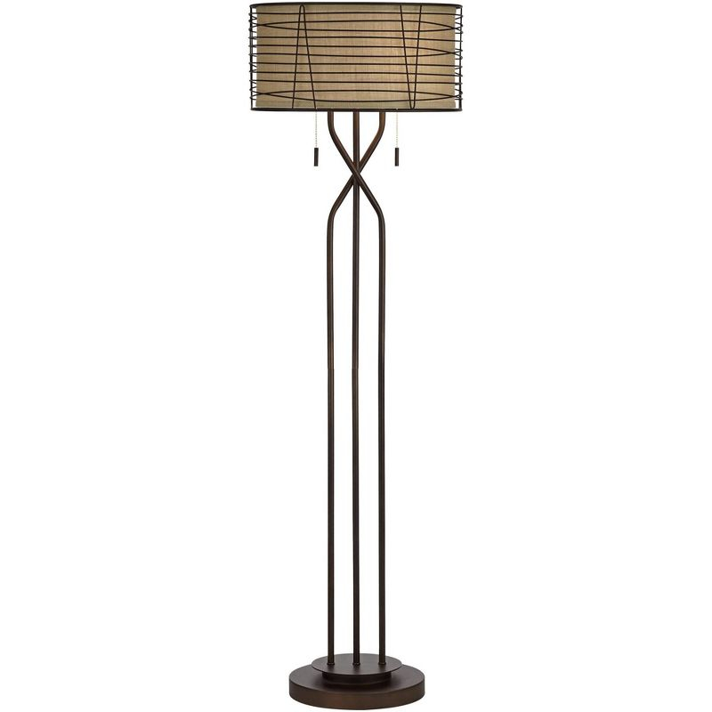 Franklin Iron Works Marlowe Rustic Farmhouse Floor Lamp 60 1/2" Tall Bronze Metal Oster Woven Burlap Fabric Inner Drum Shade for Living Room Bedroom