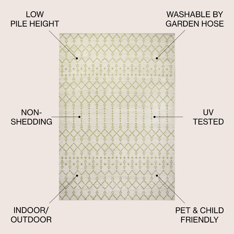 5' x 5' Ourika Moroccan Geometric Textured Weave Indoor/Outdoor Area Rug, Cream/Green - JONATHAN Y