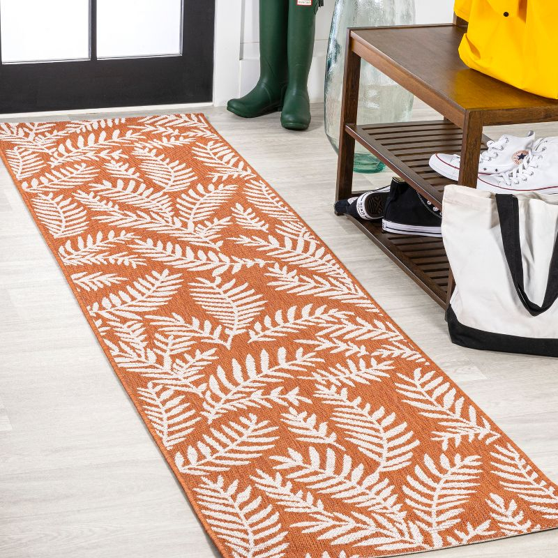 2' x 10' Nevis Palm Frond Indoor/Outdoor Runner Rug, Orange/Cream - JONATHAN Y