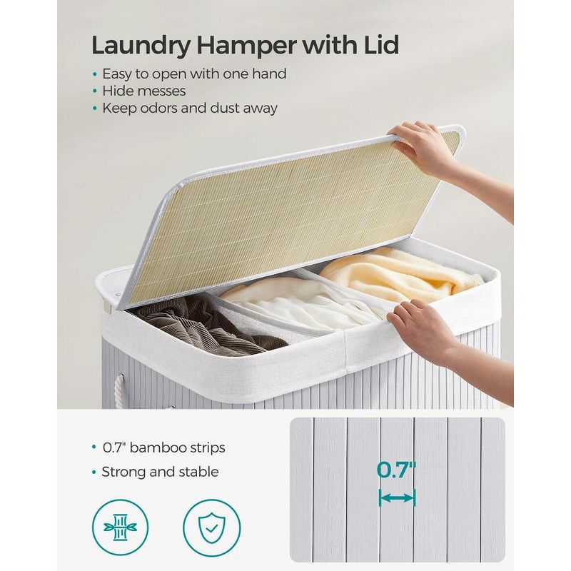 SONGMICS 39.6Gal (150L) Laundry Hamper, 3-Section Laundry Basket, Laundry Hamper with Lid, Bamboo, Foldable, Removable and Machine Washable Liner,Gray