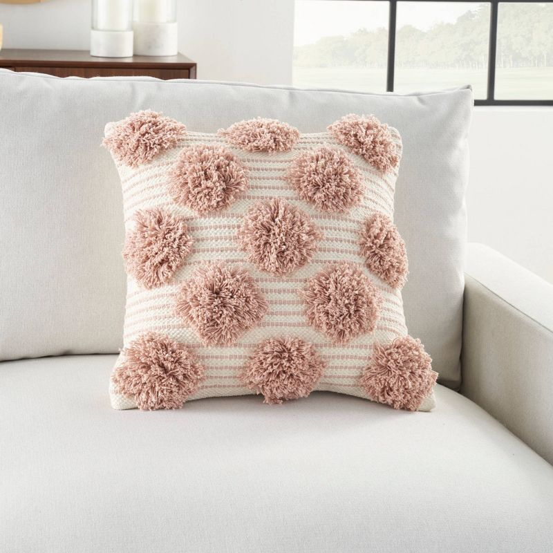 18"x18" Life Styles Tufted Pom Poms Square Throw Pillow Blush - Mina Victory: Handmade, Cotton, Zipper Closure