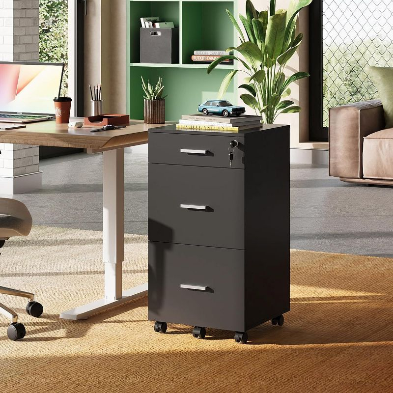 GALAXHERO  3 Drawer Rolling File Cabinet with Lock, Wood Filing Cabinet fits Letter / A4 Size for Home Office, Black