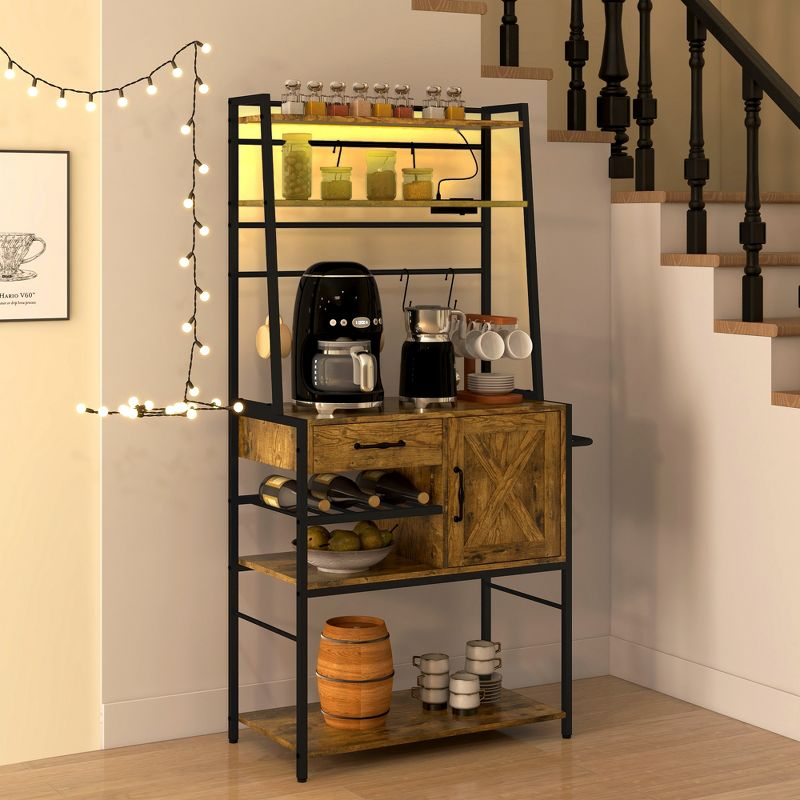 HOMCOM Kitchen Baker's Rack with Power Outlet, LED Lights, Microwave Stand with Storage Shelves, Wine Bottle Rack, Barn Door Cabinet, Rustic Brown