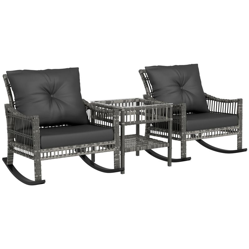 Outsunny Wicker Outdoor Rocking Chair Set, 3 Piece Patio Furniture Set with Padded Cushions and Storage Table, 2-Seater Rattan Bistro Set, Gray