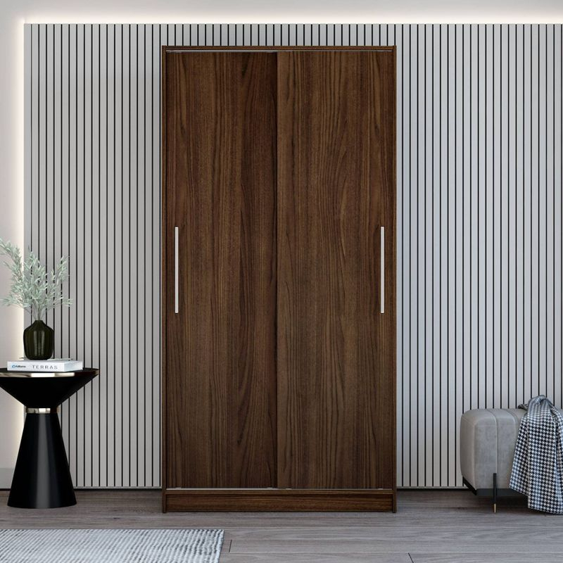 Denmark 2 Sliding Doors Clothing Armoire Dark Brown -Polifurniture: Modern Storage Wardrobe with Fixed Shelves, Aluminum Hardware