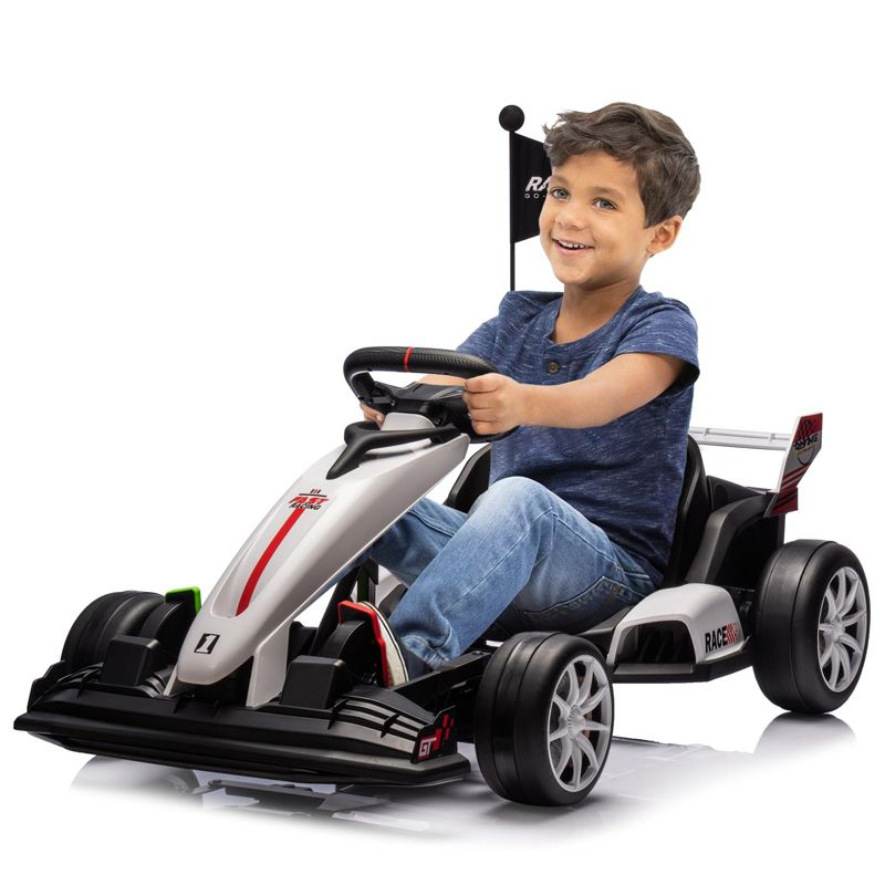 24V Kids Ride on Go Kart, 7.5mph Variable High Speed Drifting Car, 7ah Battery 200W*2 Motors, Power Display Racing Toy for for 6+, White