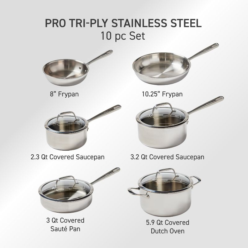 T-fal Pro Tri-Ply Stainless Steel, 10 Piece Cookware Set, Silver