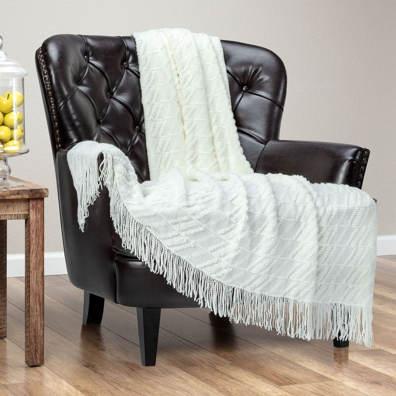 Chanasya Bevel Acrylic Knit Boho Throw Blanket With Tassels - (50x65 Inches) White Cloud