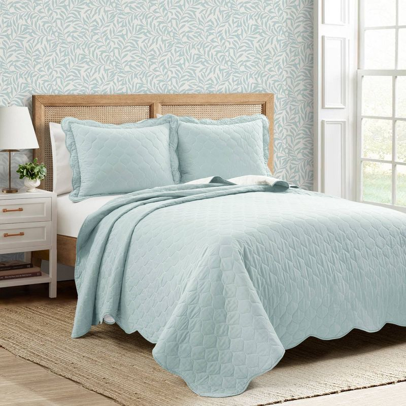 3pc Full/Queen Coastal Chic Scallop Edge Reversible Quilt Set Blue - Lush Décor: OEKO-TEX Certified, Cotton Fill